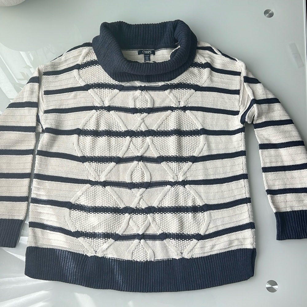 Chaps Knit Stripped Off White and Blue Turtle Neck Sz XL